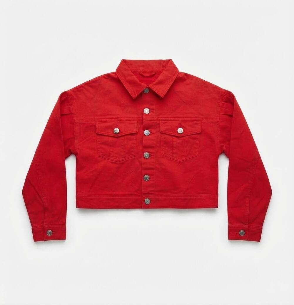 Forever 21 Red Denim Jacket Cropped Button Front Cotton Blend Small Pop y2k Chic